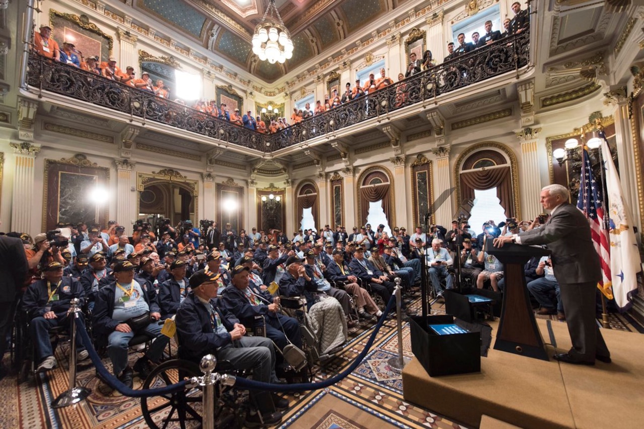 Vice President Mike Pence addresses veterans participating in an Honor Flight from northern Colorado at the White House Eisenhower Executive Office Building in Washington, May 8, 2017. White House photo