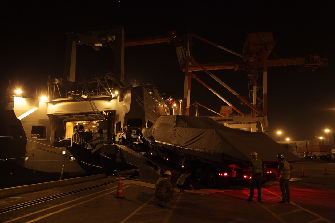U.S. Soldiers and contractors direct the off-loading of a boat from USNS Fisher (T-AKR 301) during port operations for Balikatan 2017 at Subic Bay, Zambales, April 30, 2017. Balikatan is an annual U.S.-Philippine bilateral military exercise focused on a variety of missions, including humanitarian assistance and disaster relief, counterterrorism and other combined military operations. 