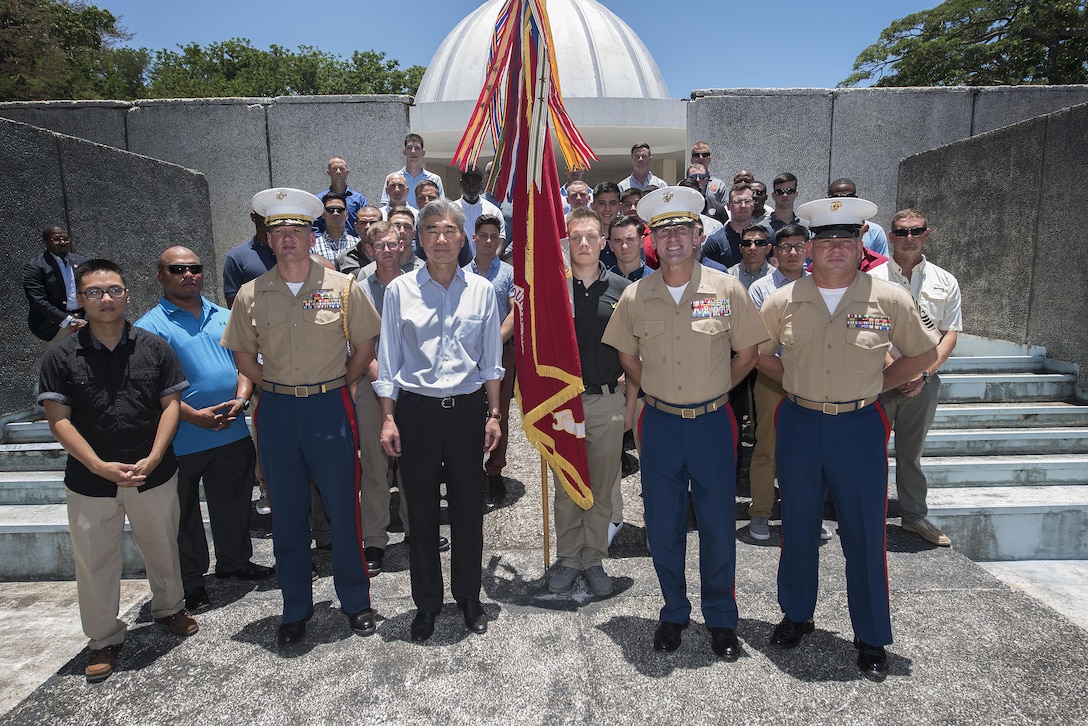 U.S. Marines with 4th Marine Regiment pose for a photo with the Honorable Sung Y. Kim, U.S. Ambassador to the Philippines, after a ceremony to mark the 75th anniversary of the fall of Corregidor to the Japanese during World War II on Corregidor, Cavite, May 6, 2017. The ceremony was held to commemorate the Marines, Soldiers, Sailors and Filipinos who fought and sacrificed to defend the Philippines during World War II. 