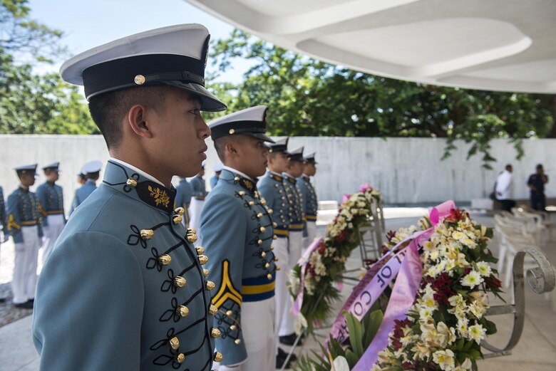 Maritime Academy of Asia and the Pacific cadets prepare to lay wreaths at a ceremony to mark the 75th anniversary of the fall of Corregidor to the Japanese during World War II on Corregidor, Cavite, May 6, 2017. The ceremony was held to commemorate the Marines, Soldiers, Sailors and Filipinos who fought and sacrificed to defend the Philippines during World War II.