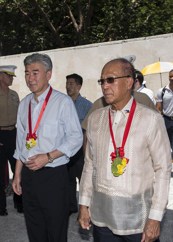 The Honorable Sung Y. Kim, U.S. Ambassador to the Philippines, and Delfin N. Lorenzana, Philippine Secretary of National Defense, arrive at a ceremony to mark the 75th anniversary of the fall of Corregidor to the Japanese during World War II on Corregidor, Cavite, May 6, 2017. The ceremony was held to commemorate the Marines, Soldiers, Sailors and Filipinos who fought and sacrificed to defend the Philippines during World War II. 