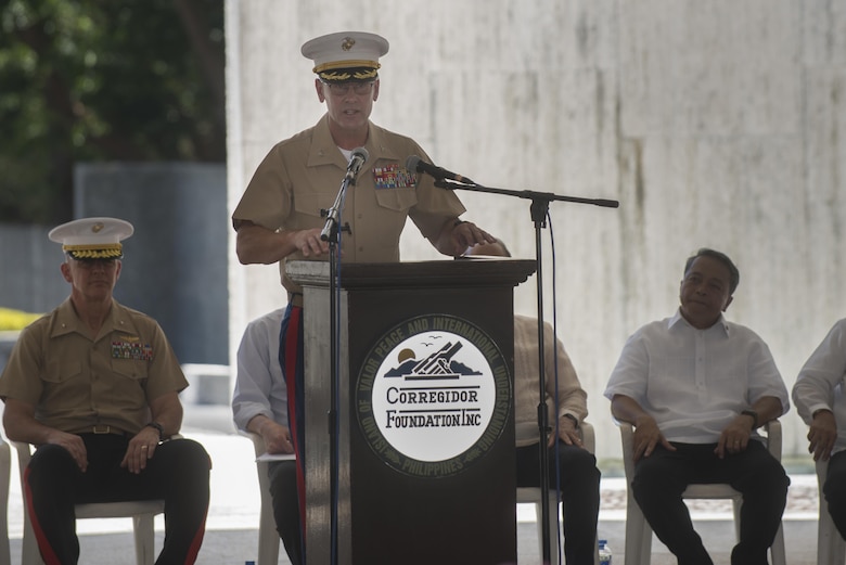 U.S. Marine Col. Kevin A. Norton delivers his remarks during a ceremony to mark the 75th anniversary of the fall of Corregidor to the Japanese during World War II on Corregidor, Cavite, May 6, 2017. Norton is the commanding officer for the 4th Marine Regiment. The ceremony was held to commemorate the Marines, Soldiers, Sailors and Filipinos who fought and sacrificed to defend the Philippines during World War II.