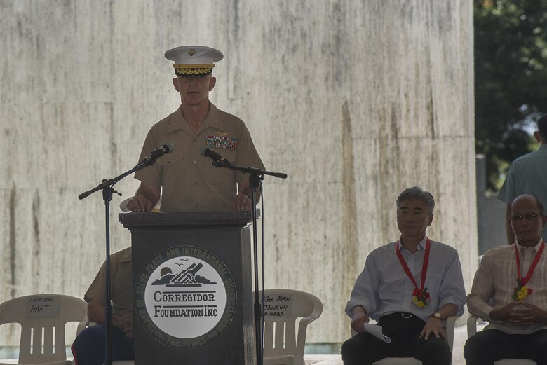 U.S. Marine Brig. Gen John Jansen introduces the Honorable Sung Y. Kim, U.S. Ambassador to the Philippines, during a ceremony to mark the 75th anniversary of the fall of Corregidor to the Japanese during World War II on Corregidor, Cavite, May 6, 2017. Jansen is the commanding general of 3rd Marine Expeditionary Brigade and the deputy commanding general of III Marine Expeditionary Force. The ceremony was held to commemorate the Marines, Soldiers, Sailors and Filipinos who fought and sacrificed to defend the Philippines during World War II.