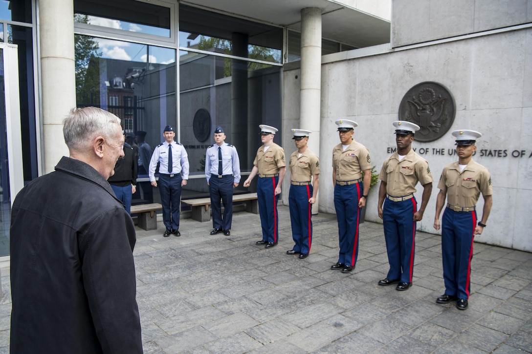 Defense Secretary Jim Mattis greets service members at the U.S. Embassy in Copenhagen, Denmark, May 8, 2017. Mattis and the Danish defense minister plan to co-host a meeting of senior leaders from 15 countries that are key contributors to the fight against the Islamic State of Iraq and Syria. DoD photo by Air Force Staff Sgt. Jette Carr