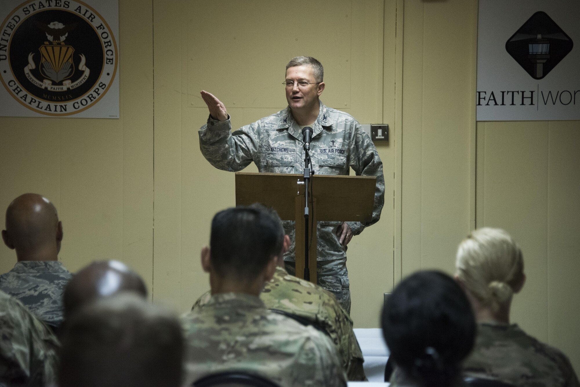 Chaplain Col. Randy Kitchens, AFCENT Command Chaplain, encourage the 386th Air Expeditionary Wing leaders to see faith as a resource during a Faith Works leadership luncheon, at an undisclosed location in Southwest Asia, May 4, 2017. The U.S. Air Force Chaplain Corps recently rolled out the Faith Works campaign to inform Airmen about the overwhelming evidence regarding the positive relationship between spirituality, religion, and health. (U.S. Air Force photo/ Tech. Sgt. Jonathan Hehnly)