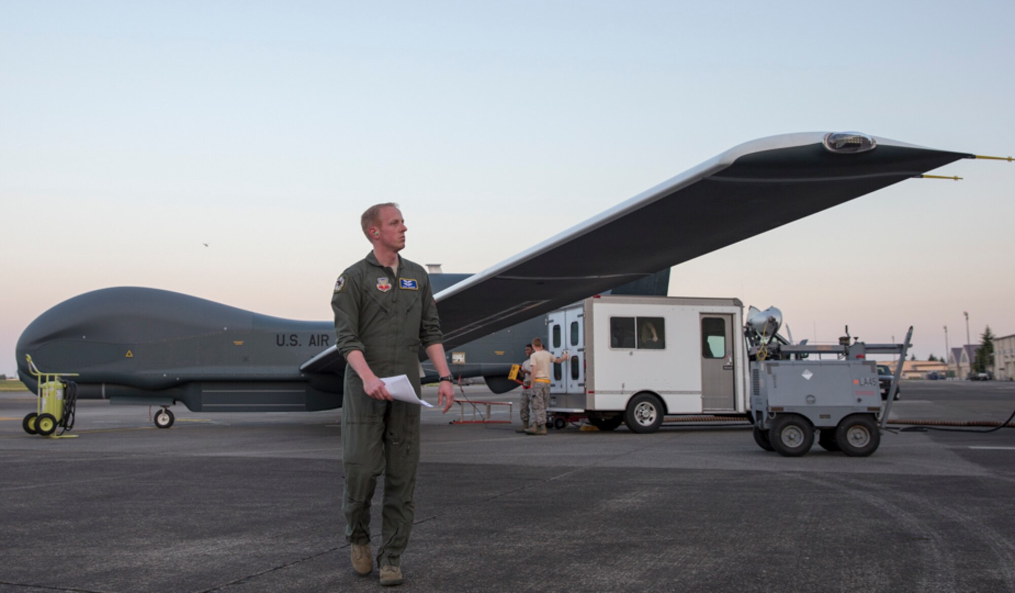 Capt. Mark, 69th Reconnaissance Group Detachment 1 RQ-4 pilot, performs preflight checks on an RQ-4 Global Hawk at Yokota Air Base, Japan, May 5, 2017. The Global Hawk supports U.S. intelligence, surveillance, and reconnaissance priorities, operational plans, and contingency operations throughout the Pacific theater. (U.S. Air Force photo by Yasuo Osakabe)