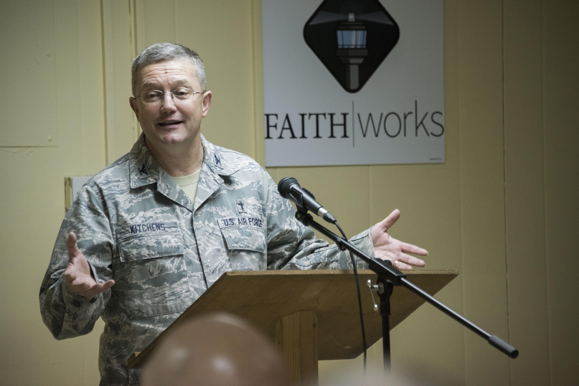 Chaplain Col. Randy Kitchens, AFCENT Command Chaplain, encourage the 386th Air Expeditionary Wing leaders to see faith as a resource during a Faith Works leadership luncheon, at an undisclosed location in Southwest Asia, May 4, 2017. The U.S. Air Force Chaplain Corps recently rolled out the Faith Works campaign to inform Airmen about the overwhelming evidence regarding the positive relationship between spirituality, religion, and health. (U.S. Air Force photo/ Tech. Sgt. Jonathan Hehnly)