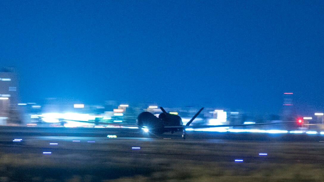 An RQ-4 Global Hawk assigned to the 69th Reconnaissance Group Detachment 1 takes off at Yokota Air Base, Japan, May 5, 2017. This was its first take-off since its arrival May 1, 2017. The Global Hawk supports U.S. intelligence, surveillance and reconnaissance priorities, operational plans, and contingency operations throughout the Pacific Theater. (U.S. Air Force photo by Yasuo Osakabe)