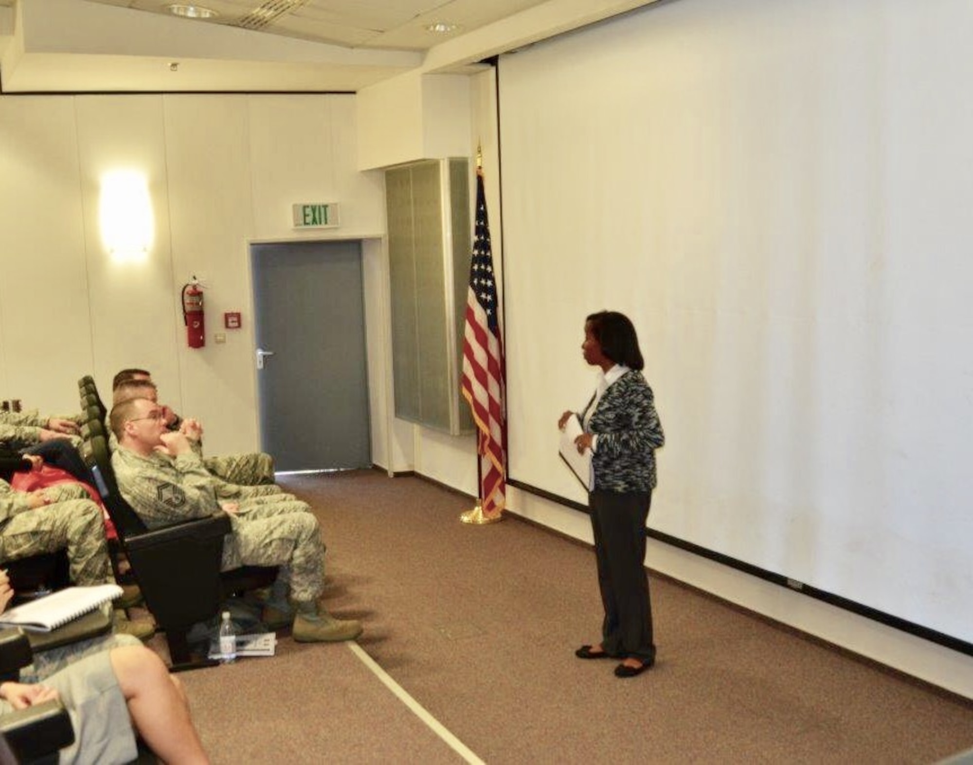 Yolanda Easton, wife of Chief Master Sgt. Phillip L. Easton, Command Chief Master Sergeant, U.S. Air Forces in Europe and U.S. Air Forces Africa, speaks to participants at a recent Chief Leadership Course. The course was hosted by Easton and allowed an opportunity to provide both Chief selects and their spouses with professional development  to prepare for their new responsibilities. (Courtesy Photo)