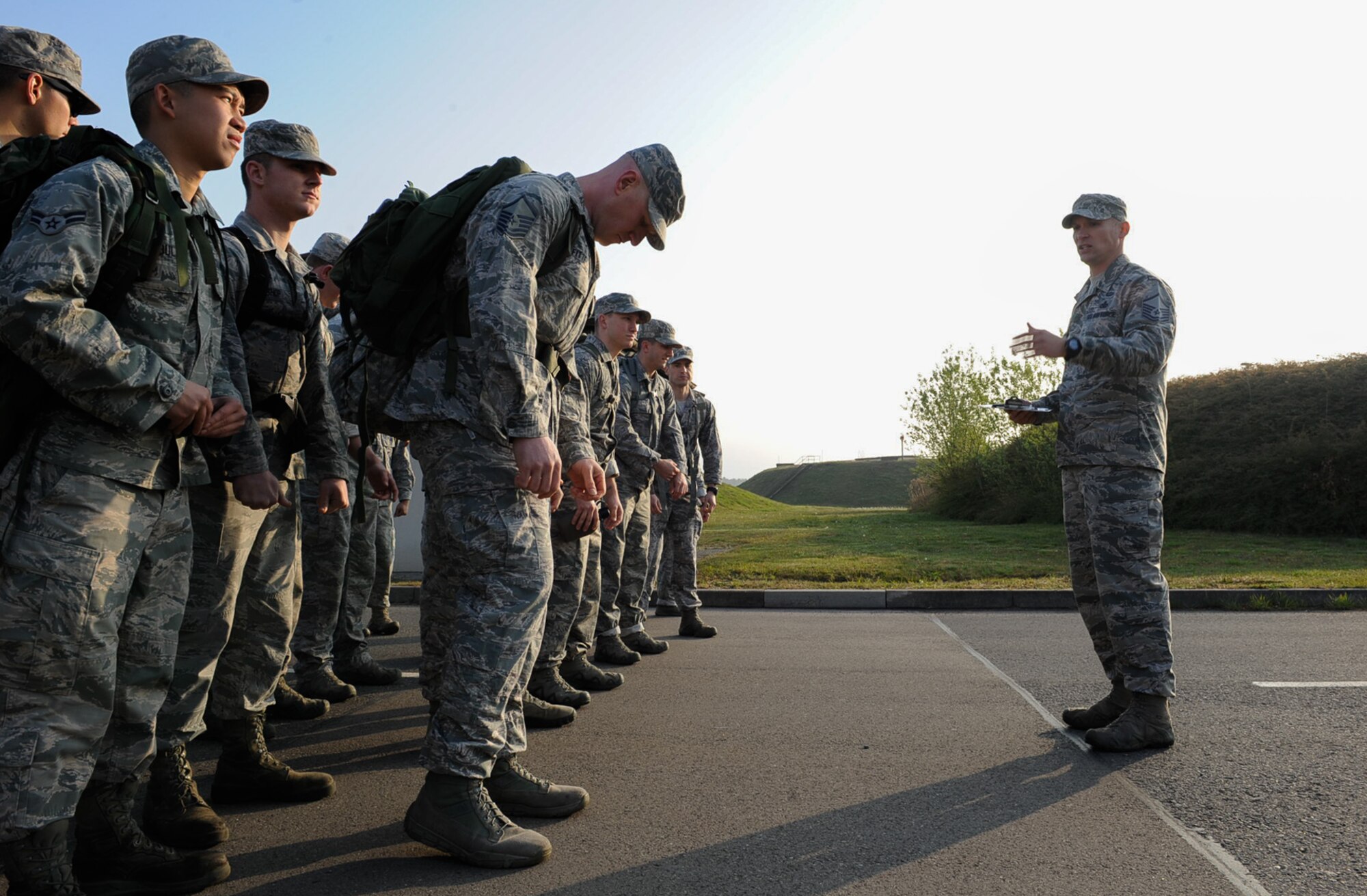 Members from the 435th Contingency Response Group gather for a four-mile ruck march to start the 435th CRG Olympics on Ramstein Air Base, Germany, May 5, 2017. An obstacle course, Kaiser Sled, and a pallet build were among six events held during the 435th CRG Olympics. (U.S. Air Force photo by Airman 1st Class Savannah L. Waters)
