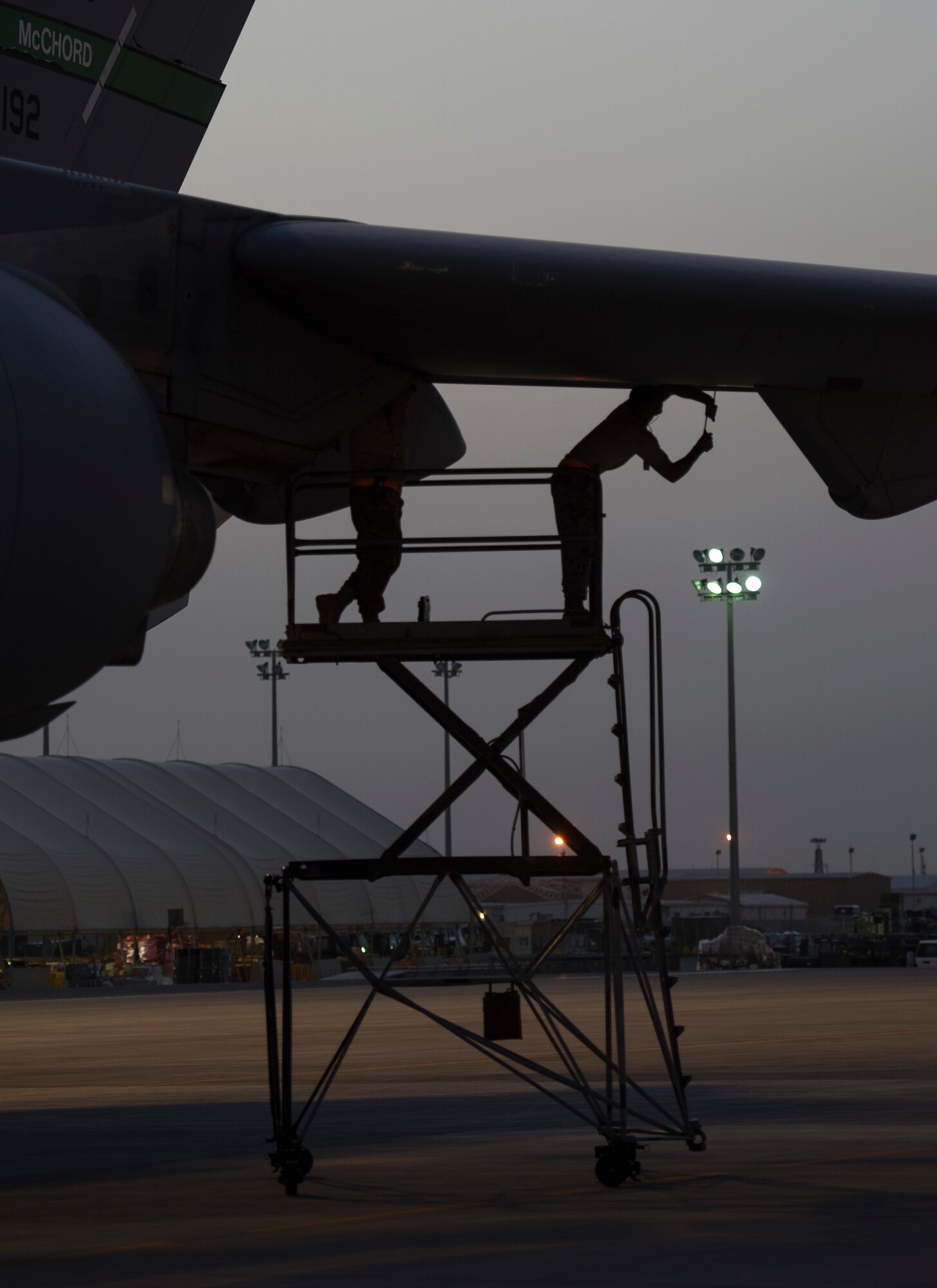 U.S. Air Force Airmen with the 379th Expeditionary Maintenance Squadron perform a post-flight inspection on a C-17 Globemaster III at Al Udeid Air Base, Qatar, May 4, 2017. The inspection being performed on the C-17 Globemaster III is accomplished on a regular schedule in order keep the aircraft mission ready.  (U.S. Air Force photo by Tech. Sgt. Amy M. Lovgren)