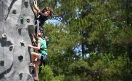 Sofia, 10 years old, top, Eliza, 7 years old, bottom, both daughters of U.S. Air Force Capt. Ricardo Sequeira, 628th Medical Group and 14th Airlift Squadron flight surgeon, climb a rock wall during a base picnic at the Air Base Picnic Grounds May 5, 2017, at Joint Base Charleston, S.C. Attendees were provided free meals and were able to participate in various activities including face painting, wall rock climbing, live music and a Military Working Dog demonstration.