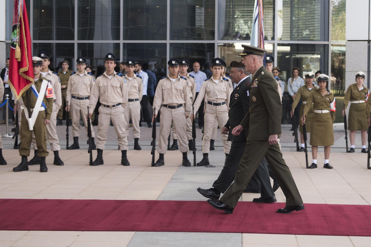 Marine Corps Gen. Joe Dunford, chairman of the Joint Chiefs of Staff; and Israeli army Lt. Gen. Gadi Eisenkot, chief of the General Staff for the Israel Defense Forces, troop the line at the IDF’s headquarters in Tel Aviv, May 9, 2017. Dunford is meeting with his Israeli counterparts to discuss regional issues. DoD photo by Navy Petty Officer 2nd Class Dominique A. Pineiro