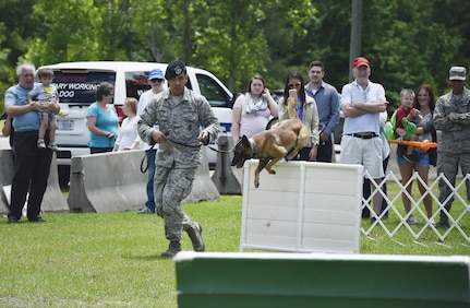 U.S. Air Force Senior Airman Trey Weston, 628th Security Forces Squadron military working dog handler, runs through an obstacle course with Ari, MWD, during a base picnic at the Air Base Picnic Grounds May 5, 2017, at Joint Base Charleston, S.C. Attendees were provided free meals and  were able to participate in various activities including face painting, wall rock climbing, live music and a Military Working Dog demonstration.