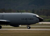 A KC-135 Stratotanker transporting three simulated patients during an 86th Aeromedical Evacuation Squadron patient movement exercise on Ramstein Air Base, May 4, 2017. Members of the 86th AES are capable of transforming various airframes into secure patient transportation vessels any time they are called upon. (U.S. Air Force photo by Senior Airman Elizabeth Baker/Released)