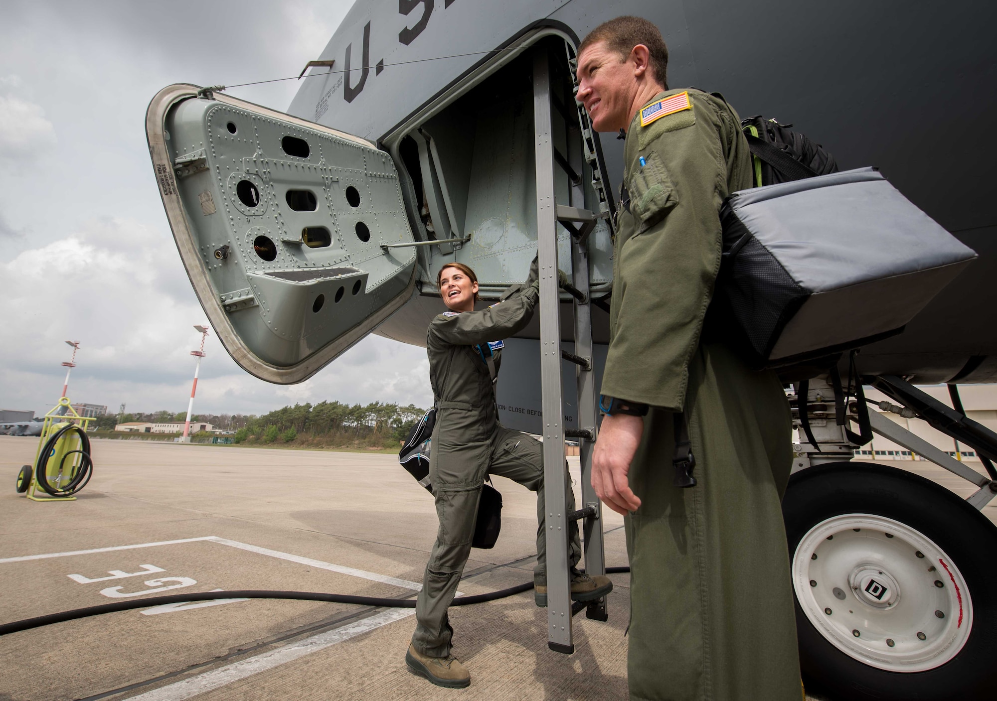 Senior Airman Luke Walter, 86th Aeromedical Evacuation Squadron technician, prepares to board a KC-135 Stratotanker during a patient movement exercise on Ramstein Air Base, May 4, 2017. The 86th AES practiced transporting simulated patients on a KC-135 because most participants were relatively unfamiliar with the airframe. Practicing on unfamiliar airframes ensures that personnel are competent to transport patients no matter what airframe is available at the time. (U.S. Air Force photo by Senior Airman Elizabeth Baker/Released)
