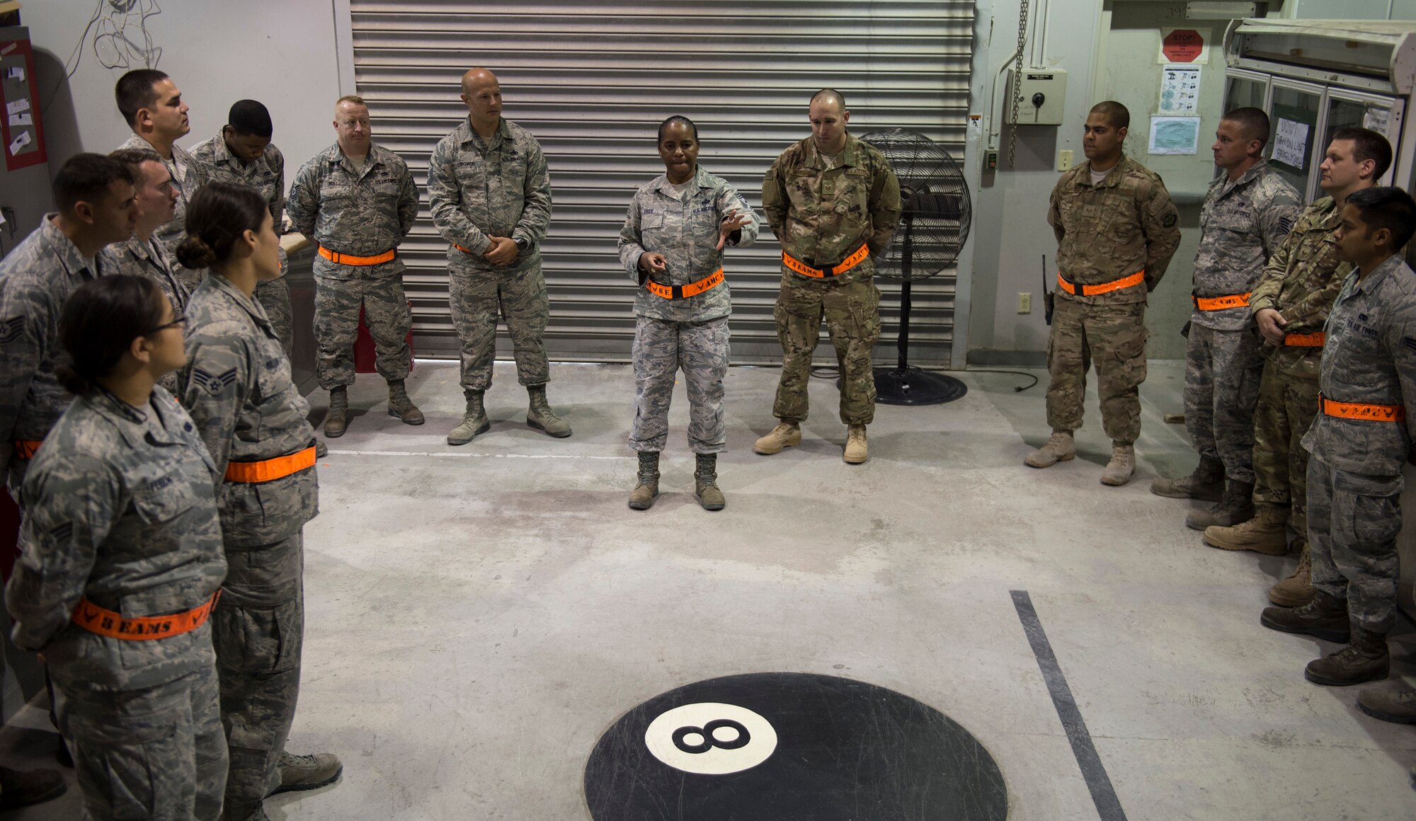 U.S. Air Force Chief Master Sgt. Shelina Frey, Command Chief Master Sergeant for Air Mobility Command, visits airmen with the 8th Expeditionary Air Mobility Squadron at Al Udeid Air Base, Qatar, May 6, 2017. Frey was accompanied by Chief Master Sgt. Mark Redden, Command Chief with the 521st Air Mobility Operations Wing at Ramstein Air Force Base, Germany and made several stops throughout the 8th Expeditionary Air Mobility Squadron sections, providing an opportunity for Airmen to speak about their duties and ask questions.  (U.S. Air Force photo by Tech. Sgt. Amy M. Lovgren)