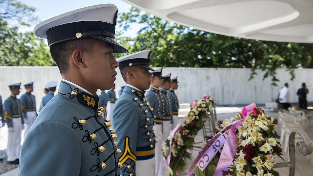 Maritime Academy of Asia and the Pacific cadets prepare to lay wreaths at a ceremony to mark the 75th anniversary of the fall of Corregidor to the Japanese during World War II on Corregidor, Cavite, May 6, 2017. The ceremony was held to commemorate the Marines, Soldiers, Sailors and Filipinos who fought and sacrificed to defend the Philippines during World War II.