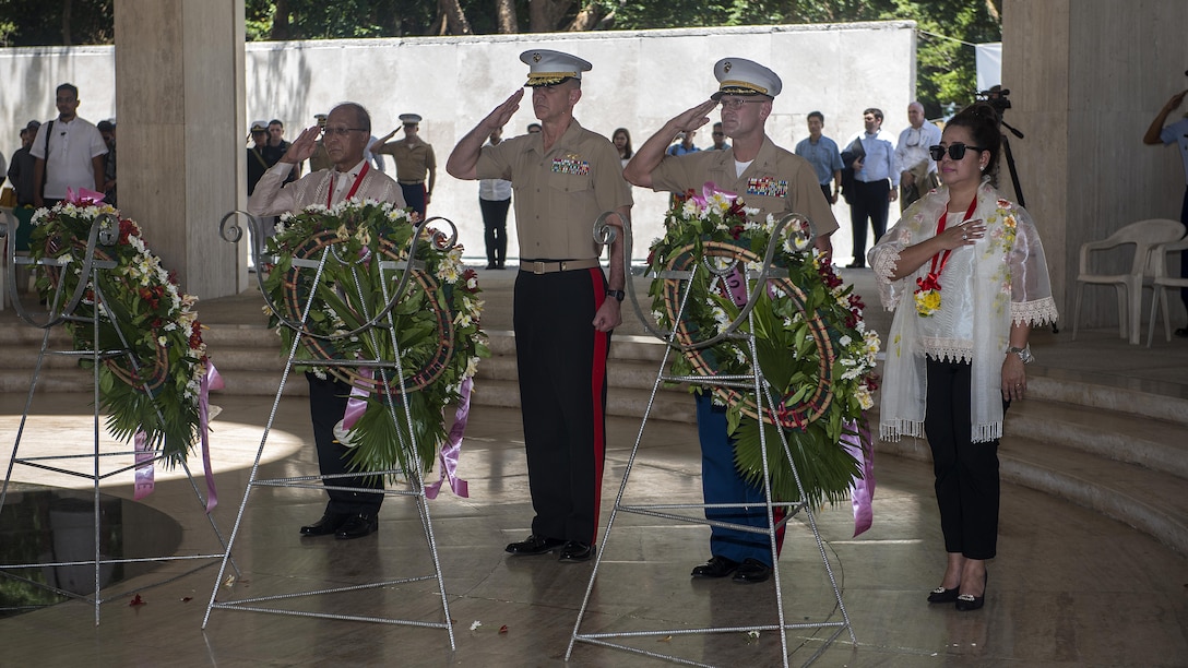 Philippine Secretary for National Defense Delfin Lorenzana, U.S. Marine Brig. Gen. John Jansen, middle left, and Col. Kevin A. Norton honor the fallen with wreaths during a ceremony to mark the 75th anniversary of the fall of Corregidor to the Japanese during World War II on Corregidor, Cavite, May 6, 2017. Jansen is the commanding general of 3rd Marine Expeditionary Brigade and deputy commanding general of III Marine Expeditionary Force. Norton is the commanding officer of 4th Marine Regiment. The ceremony was held to commemorate the Marines, Soldiers, Sailors and Filipinos who fought and sacrificed to defend the Philippines during World War II.