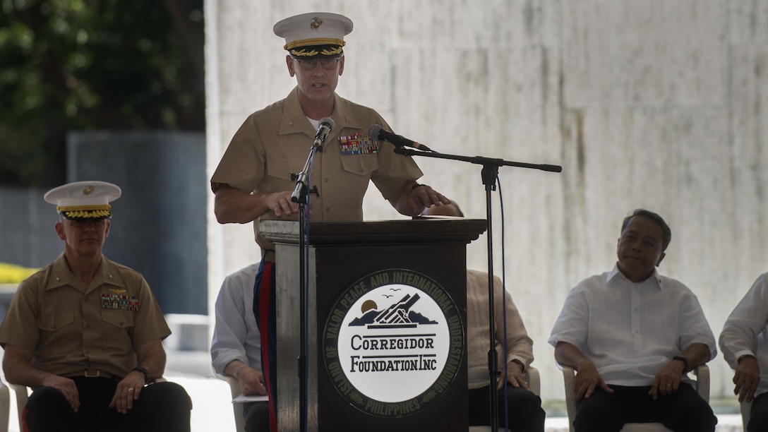 U.S. Marine Col. Kevin A. Norton delivers his remarks during a ceremony to mark the 75th anniversary of the fall of Corregidor to the Japanese during World War II on Corregidor, Cavite, May 6, 2017. Norton is the commanding officer for the 4th Marine Regiment. The ceremony was held to commemorate the Marines, Soldiers, Sailors and Filipinos who fought and sacrificed to defend the Philippines during World War II.