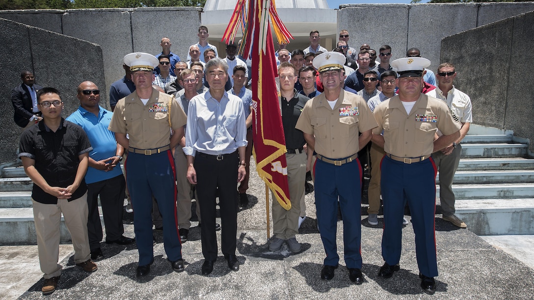 U.S. Marines with 4th Marine Regiment pose for a photo with the Honorable Sung Y. Kim, U.S. Ambassador to the Philippines, after a ceremony to mark the 75th anniversary of the fall of Corregidor to the Japanese during World War II on Corregidor, Cavite, May 6, 2017. The ceremony was held to commemorate the Marines, Soldiers, Sailors and Filipinos who fought and sacrificed to defend the Philippines during World War II.