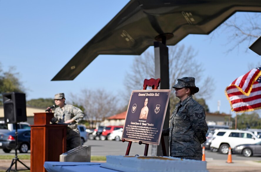 The Eighth Air Force headquarters building was dedicated to General James H. “Jimmy” Doolittle during a series of events at Barksdale Air Force Base, La., Feb. 2, 2017, in commemoration of the Eighth Air Force’s 75th anniversary. Doolittle commanded the Eighth Air Force during World War II and led the historic air combat mission known today as the Doolittle Raid. (U.S. Air Force photo by Senior Airman Erin Trower)