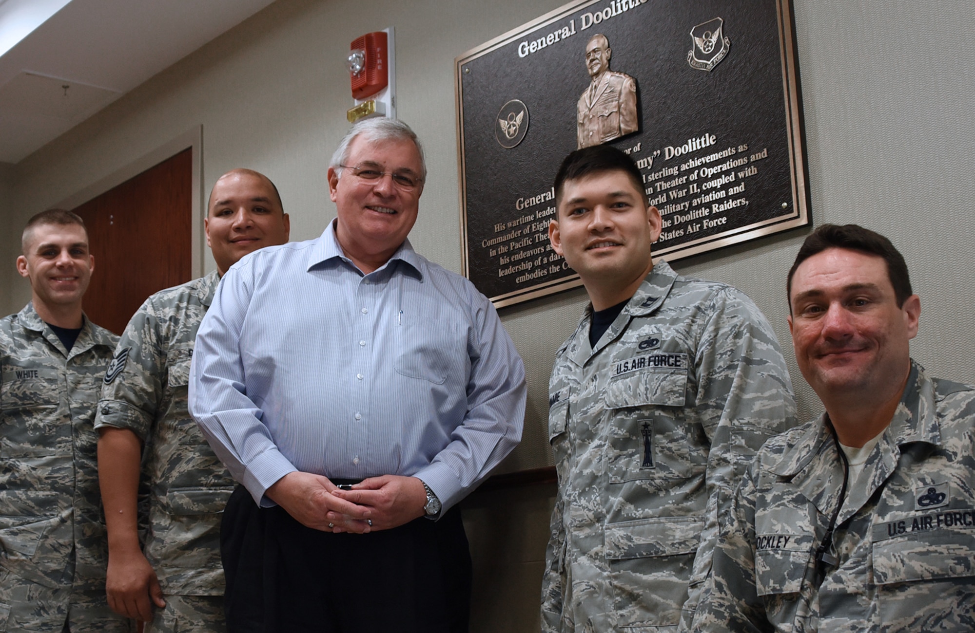 The Headquarters Eighth Air Force building was dedicated in honor of General James H. “Jimmy” Doolittle during a series of events at Barksdale Air Force Base, La., Feb. 2, 2017, in commemoration of the Eighth Air Force’s 75th anniversary. On May 5, 2017, the official plaque was hung in the foyer to represent the new name of the building: General Doolittle Hall. (U.S. Air Force photo by Senior Airman Erin Trower) 