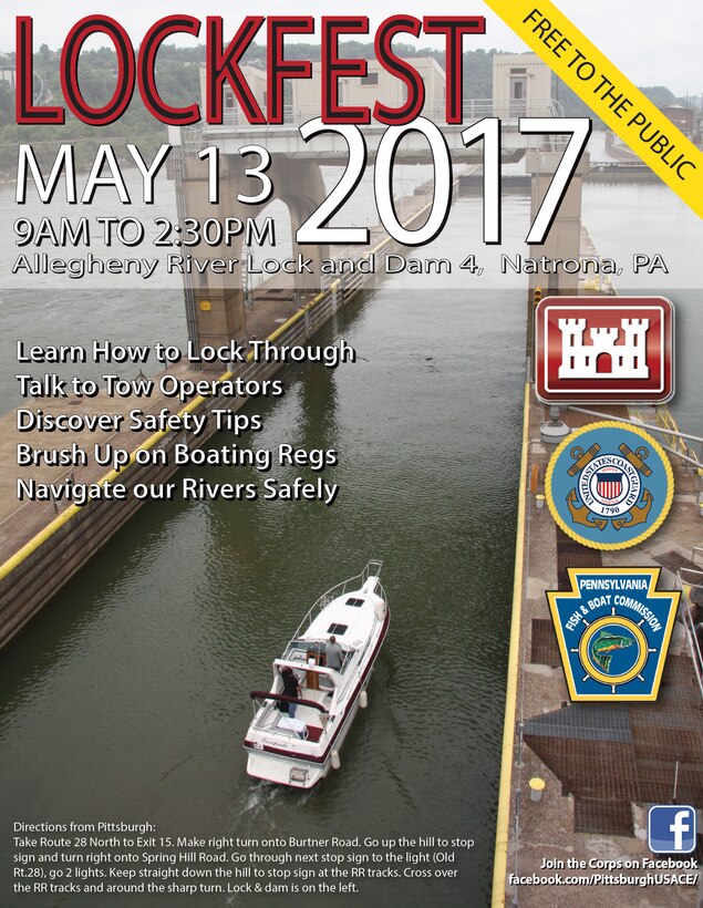 The Pittsburgh District and its waterways partners are hosting the first ever water safety LockFest 2017. At the event, attendees will learn how to lock through navigation facilities and watch live locking demonstrations, discover water safety tips, talk to tow operators, brush up on boating regulations, and gain knowledge on how to navigate our rivers safely.