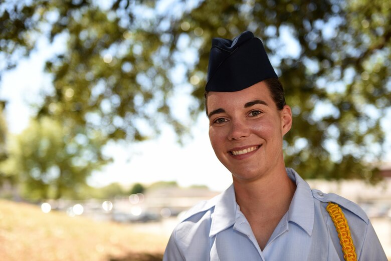 U.S. Air Force Airman 1st Class Claire Newman, 312th Training Squadron student, stands for a portrait outside Brandenburg Hall on Goodfellow Air Force Base, Texas, May 5, 2017. Newman is the Goodfellow Student of the Month spotlight for April 2017, a series highlighting Goodfellow students. (U.S. Air Force photo by Airman 1st Class Caelynn Ferguson/Released)