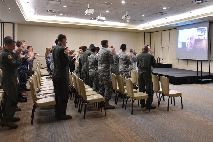 Retired U.S. Air Force Col. Gail Halvorsen, a former C-52 Skymaster pilot also known as the “Berlin Candy Bomber,” shares his experiences during the Berlin airlift via video conference at Joint Base Charleston, S.C., May 4, 2017. Halvorsen is a retired command pilot known best for dropping candy to children in Berlin in 1948 to improve morale.