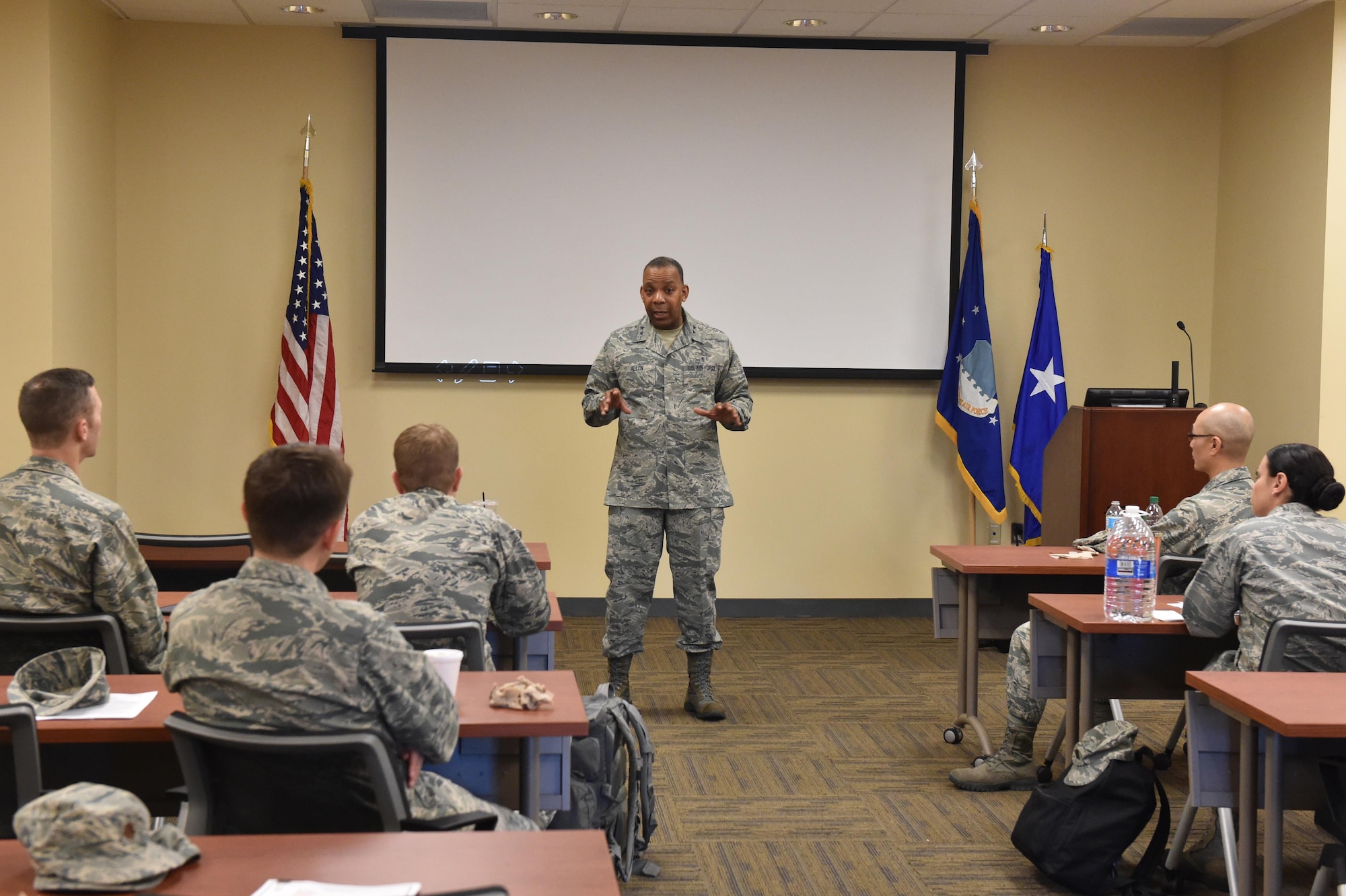 Maj. Gen. Roosevelt Allen, Dental Corps chief, delivers a keynote speech during a continuing education dental conference at Joint Base Charleston, S.C., May 5, 2017. Allen discussed the importance of providing quality healthcare to patients that is reliable, dependable, trustworthy and safe. The dental conference served as a forum to discuss growing trends and the way ahead for the Air Force dental community. Topics focused primarily on dental implants and procedures for treating potential complications that may arise after a procedure.