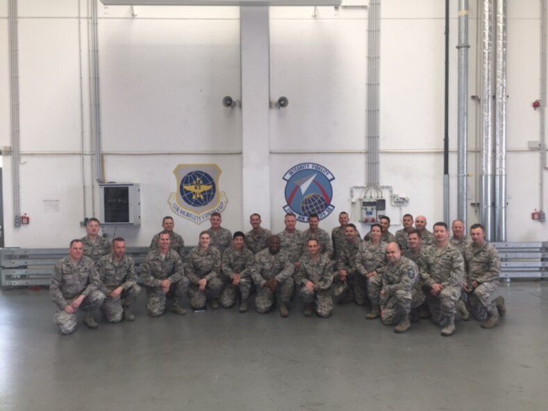 Squadron Leadership Orientation Course attendees pose for a photo at the 726th Air Mobility Squadron on Spangdahlem Air Base, Germany, April 27, 2017. The attendees spent a day at the 726th AMS to see what capabilities a traditional air mobility squadron brings to the wing. (Courtesy photo)