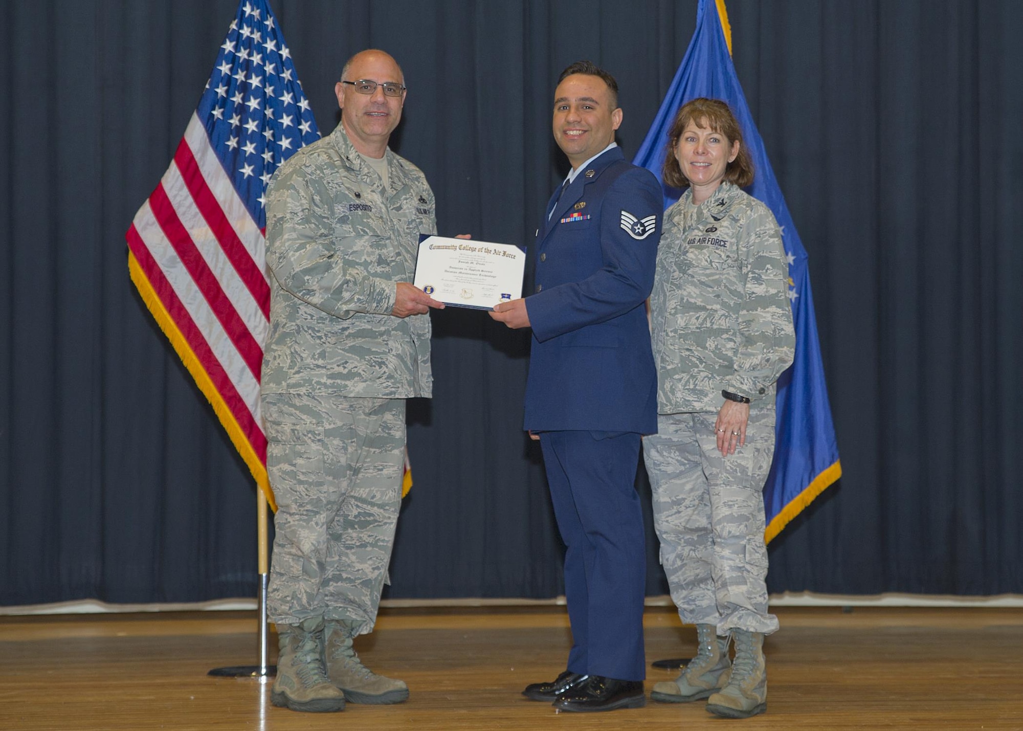 Fifty-four Airmen from the 514th Air Mobility Wing received their associate degrees from the Community College of the Air Force during a ceremony at Timmerman's Hall May 5.The CCAF is a federal program granting two-year Associate of Applied Science (AAS) degrees in five broad career areas and 67 specific degree programs. 

The graduates are as follows:

Corinne Aimable, 514 OSS
Fredy Aleman, 514 CES
William Almestica, 514 AMXS
Yonas Barkie, 714 AMXS
Pamela Benitas, 514 CES
Catherine Bensken, 514 AES
Ainsley Brimm, 714 AMXS
Steven Cabrera, 732 AS
Daniel Condo, 514 AMW
Lorraine Cuff, 88 APS
Horace Daughty, 35 APS
James Devlin Braswell, 35 APS
Tyler Drapeau, 514 MXS
Ernest Deux, 35 APS
Alicia Evangelist, 514 ASTS
Christian Faust, 514 MXS
Krystle Gladden, 514 AES
David Gold, 514 CES
Dana Granteed, 76 ARS
Reuel James, 35 APS
Brandon Jenkins, 514 AES
Ricardo Johnson, 714 AMXS
Michael Killebrew, 714 AMXS
Kimberlee Lamarre, 514 FSS
Brando Li, 78 ARS
Adam Ligon, 514 AMW
Nunzio Malara, 714 AMXS
Anita Maldonado, 514 AES
Rosa Mayi Cruel, 514 AMW
Shaniya Moore, 514 FSS
Luis Morales, 35 APS
Rocco Morello, 514 AES
Timothy Mullin, 732 AS
Jessica Navarro, 514 ASTS
Yamineth Oleary, 514 AMW
Joseph Onate, 714 AMXS
Curtis Palmer, 78 ARS
Jennifer Pichardo, 514 LRS
Matthew Powis, 514 CES
Elizabeth Pritchard, 514 LRS
Jennifer Quinones, 514 ASTS
Kenneth Rivera Ithier, 514 SFS
Jimmy Rogue, 714 AMXS
Shana Ross, 514 FSS
Rajpert Smith, 514 CES
Denise Spencer, 76 ARS
David Stroebel, 88 APS
Erika Swineburg, 514 FSS
David Tingle, 514 SFS
Brandon Turner, 514 FSS
Chester Tyson, 714 AMXS
Hector Vargas, 714 AMXS
Carolina Vergara, 35 APS
Shantel Williams, 514 FSS

