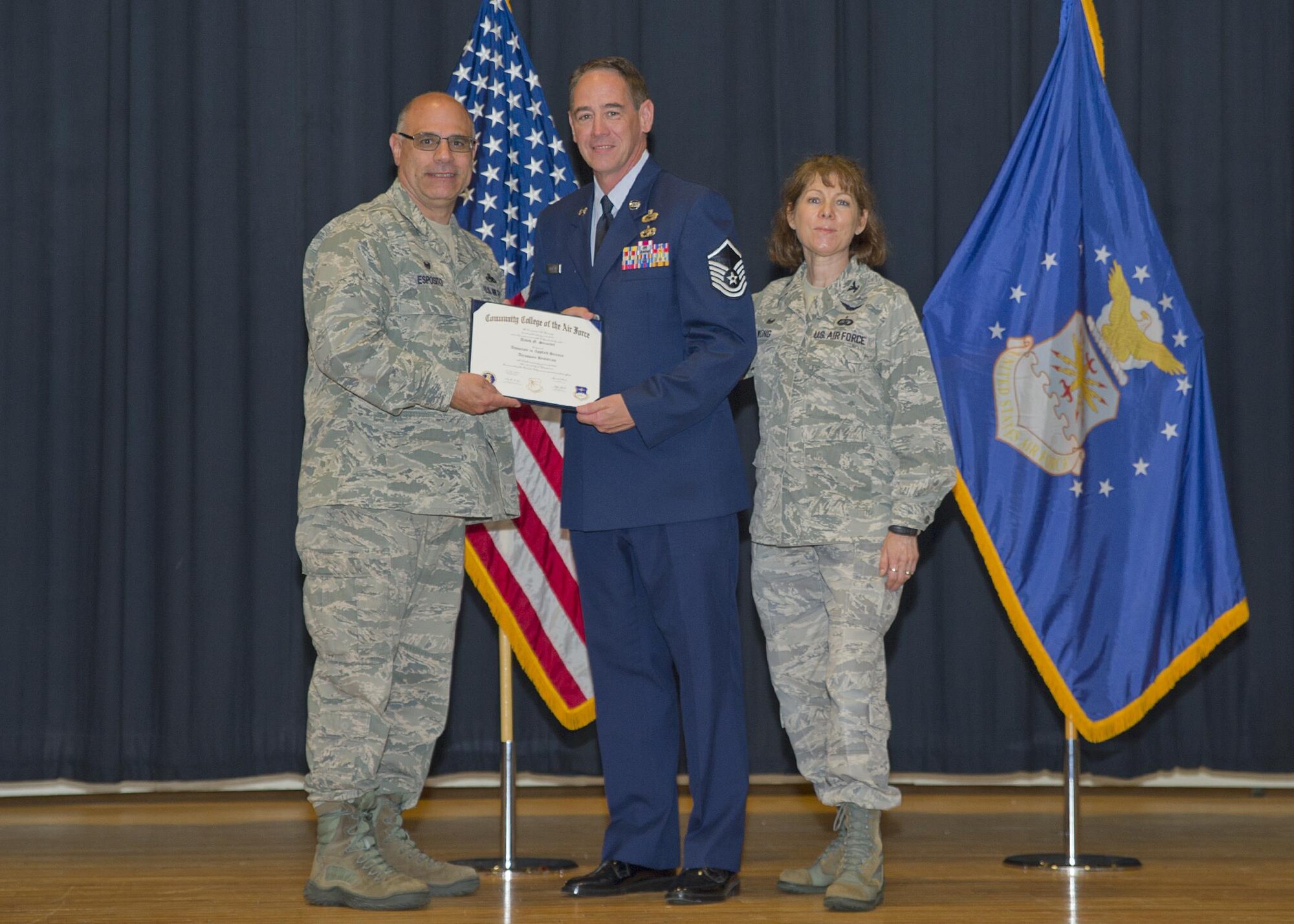 Fifty-four Airmen from the 514th Air Mobility Wing received their associate degrees from the Community College of the Air Force during a ceremony at Timmerman's Hall May 5.The CCAF is a federal program granting two-year Associate of Applied Science (AAS) degrees in five broad career areas and 67 specific degree programs. 

The graduates are as follows:

Corinne Aimable, 514 OSS
Fredy Aleman, 514 CES
William Almestica, 514 AMXS
Yonas Barkie, 714 AMXS
Pamela Benitas, 514 CES
Catherine Bensken, 514 AES
Ainsley Brimm, 714 AMXS
Steven Cabrera, 732 AS
Daniel Condo, 514 AMW
Lorraine Cuff, 88 APS
Horace Daughty, 35 APS
James Devlin Braswell, 35 APS
Tyler Drapeau, 514 MXS
Ernest Deux, 35 APS
Alicia Evangelist, 514 ASTS
Christian Faust, 514 MXS
Krystle Gladden, 514 AES
David Gold, 514 CES
Dana Granteed, 76 ARS
Reuel James, 35 APS
Brandon Jenkins, 514 AES
Ricardo Johnson, 714 AMXS
Michael Killebrew, 714 AMXS
Kimberlee Lamarre, 514 FSS
Brando Li, 78 ARS
Adam Ligon, 514 AMW
Nunzio Malara, 714 AMXS
Anita Maldonado, 514 AES
Rosa Mayi Cruel, 514 AMW
Shaniya Moore, 514 FSS
Luis Morales, 35 APS
Rocco Morello, 514 AES
Timothy Mullin, 732 AS
Jessica Navarro, 514 ASTS
Yamineth Oleary, 514 AMW
Joseph Onate, 714 AMXS
Curtis Palmer, 78 ARS
Jennifer Pichardo, 514 LRS
Matthew Powis, 514 CES
Elizabeth Pritchard, 514 LRS
Jennifer Quinones, 514 ASTS
Kenneth Rivera Ithier, 514 SFS
Jimmy Rogue, 714 AMXS
Shana Ross, 514 FSS
Rajpert Smith, 514 CES
Denise Spencer, 76 ARS
David Stroebel, 88 APS
Erika Swineburg, 514 FSS
David Tingle, 514 SFS
Brandon Turner, 514 FSS
Chester Tyson, 714 AMXS
Hector Vargas, 714 AMXS
Carolina Vergara, 35 APS
Shantel Williams, 514 FSS
