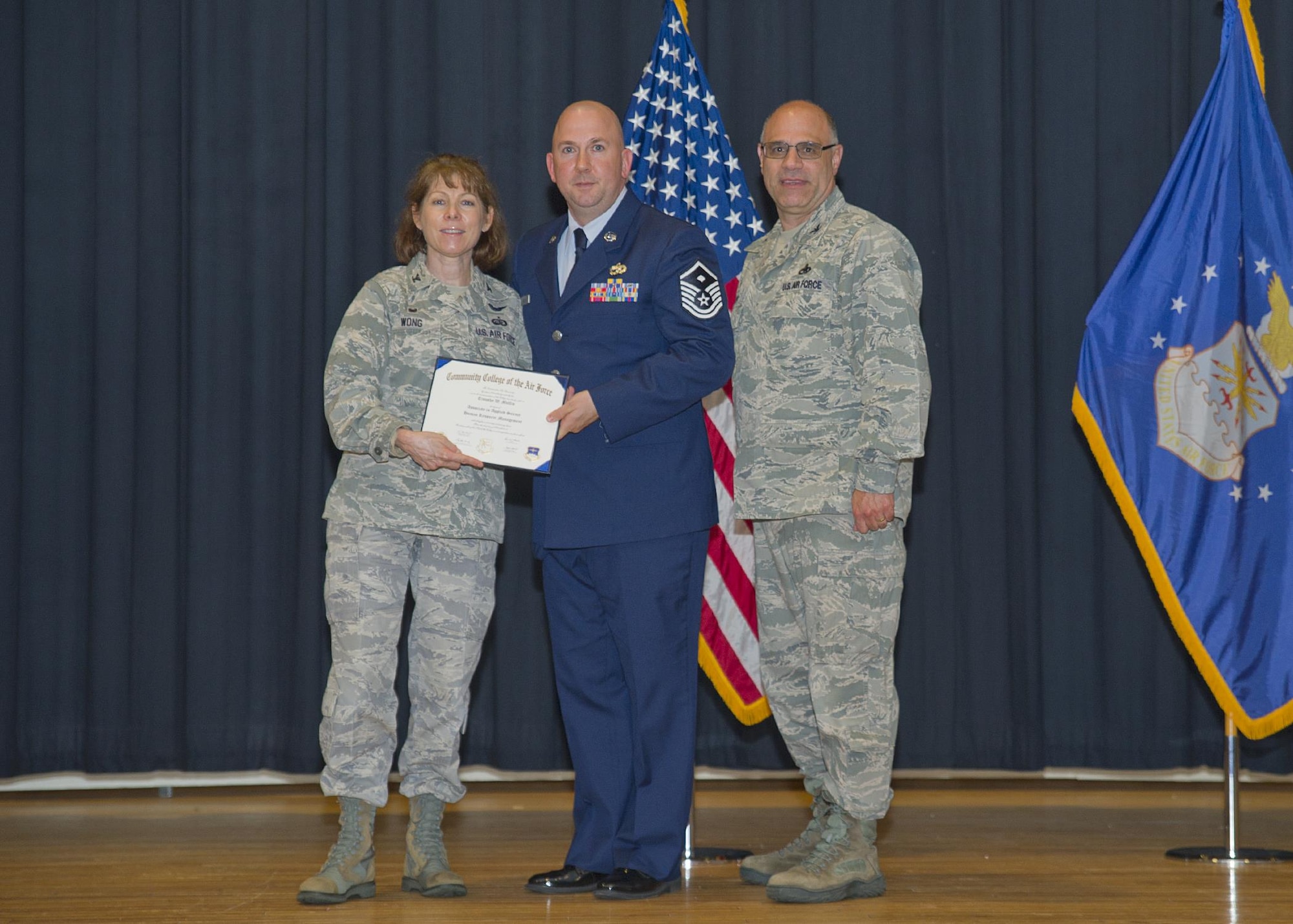 Fifty-four Airmen from the 514th Air Mobility Wing received their associate degrees from the Community College of the Air Force during a ceremony at Timmerman's Hall May 5.The CCAF is a federal program granting two-year Associate of Applied Science (AAS) degrees in five broad career areas and 67 specific degree programs. 

The graduates are as follows:

Corinne Aimable, 514 OSS
Fredy Aleman, 514 CES
William Almestica, 514 AMXS
Yonas Barkie, 714 AMXS
Pamela Benitas, 514 CES
Catherine Bensken, 514 AES
Ainsley Brimm, 714 AMXS
Steven Cabrera, 732 AS
Daniel Condo, 514 AMW
Lorraine Cuff, 88 APS
Horace Daughty, 35 APS
James Devlin Braswell, 35 APS
Tyler Drapeau, 514 MXS
Ernest Deux, 35 APS
Alicia Evangelist, 514 ASTS
Christian Faust, 514 MXS
Krystle Gladden, 514 AES
David Gold, 514 CES
Dana Granteed, 76 ARS
Reuel James, 35 APS
Brandon Jenkins, 514 AES
Ricardo Johnson, 714 AMXS
Michael Killebrew, 714 AMXS
Kimberlee Lamarre, 514 FSS
Brando Li, 78 ARS
Adam Ligon, 514 AMW
Nunzio Malara, 714 AMXS
Anita Maldonado, 514 AES
Rosa Mayi Cruel, 514 AMW
Shaniya Moore, 514 FSS
Luis Morales, 35 APS
Rocco Morello, 514 AES
Timothy Mullin, 732 AS
Jessica Navarro, 514 ASTS
Yamineth Oleary, 514 AMW
Joseph Onate, 714 AMXS
Curtis Palmer, 78 ARS
Jennifer Pichardo, 514 LRS
Matthew Powis, 514 CES
Elizabeth Pritchard, 514 LRS
Jennifer Quinones, 514 ASTS
Kenneth Rivera Ithier, 514 SFS
Jimmy Rogue, 714 AMXS
Shana Ross, 514 FSS
Rajpert Smith, 514 CES
Denise Spencer, 76 ARS
David Stroebel, 88 APS
Erika Swineburg, 514 FSS
David Tingle, 514 SFS
Brandon Turner, 514 FSS
Chester Tyson, 714 AMXS
Hector Vargas, 714 AMXS
Carolina Vergara, 35 APS
Shantel Williams, 514 FSS

