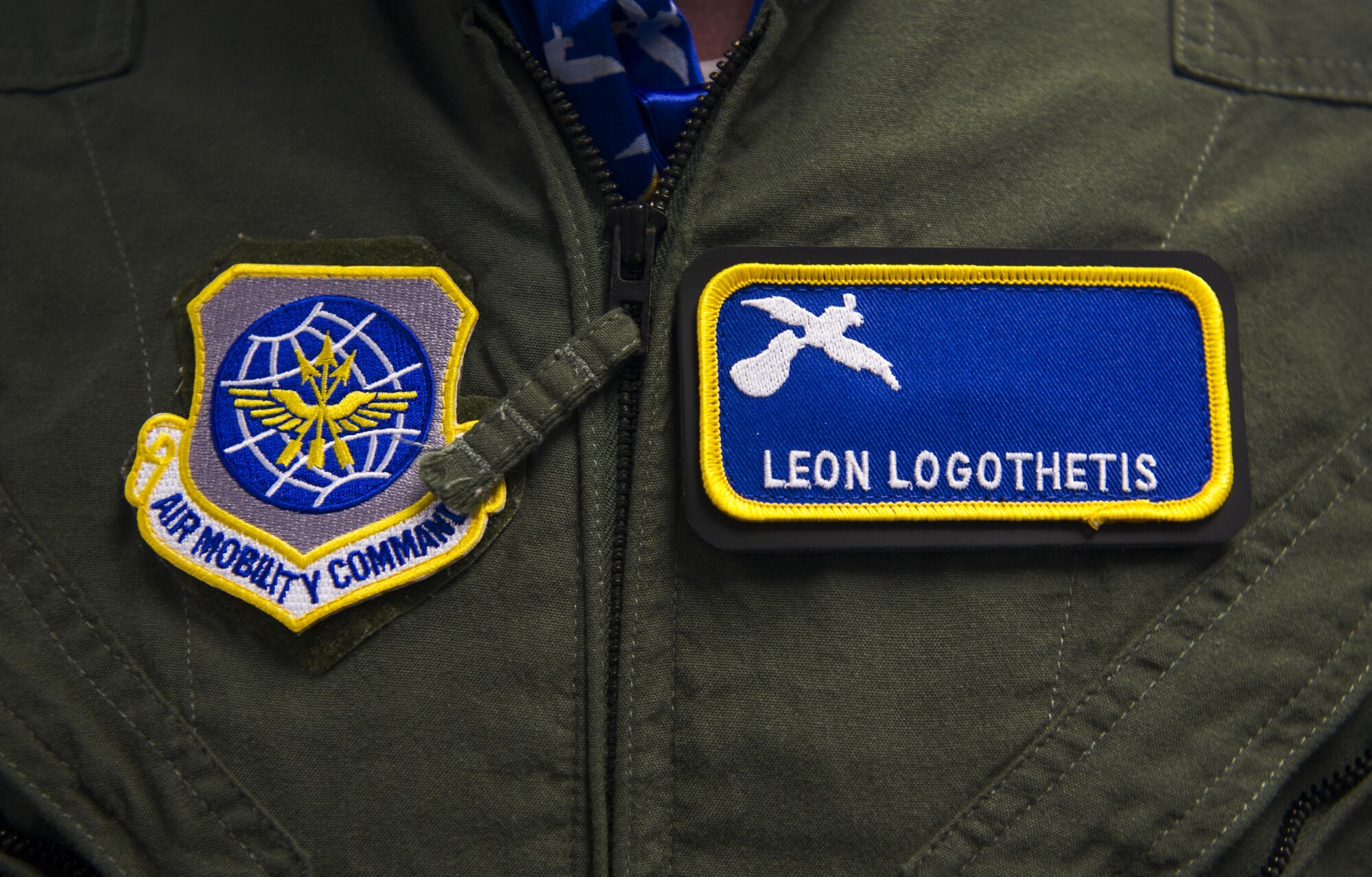 Leon Logothetis, TV personality and author of The Kindness Diaries, wears patches given to him by the 14th Airlift Squadron during a visit to Joint Base Charleston, S.C., May 5, 2017. Logothetis toured the installation and various squadrons provided demonstrations showcasing their capabilities.