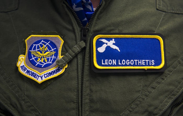 Leon Logothetis, TV personality and author of The Kindness Diaries, wears patches given to him by the 14th Airlift Squadron during a visit to Joint Base Charleston, S.C., May 5, 2017. Logothetis toured the installation and various squadrons provided demonstrations showcasing their capabilities.