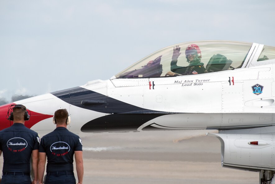 The U.S. Air Force Thunderbirds perform an aerial demonstration during the Wings over Solano Air Show at Travis Air Force Base, Calif., May 6, 2017. The two-day event also featured performances by the U.S. Army Golden Knights parachute team, flyovers and static displays. (U.S. Air Force photo by Louis Briscese)