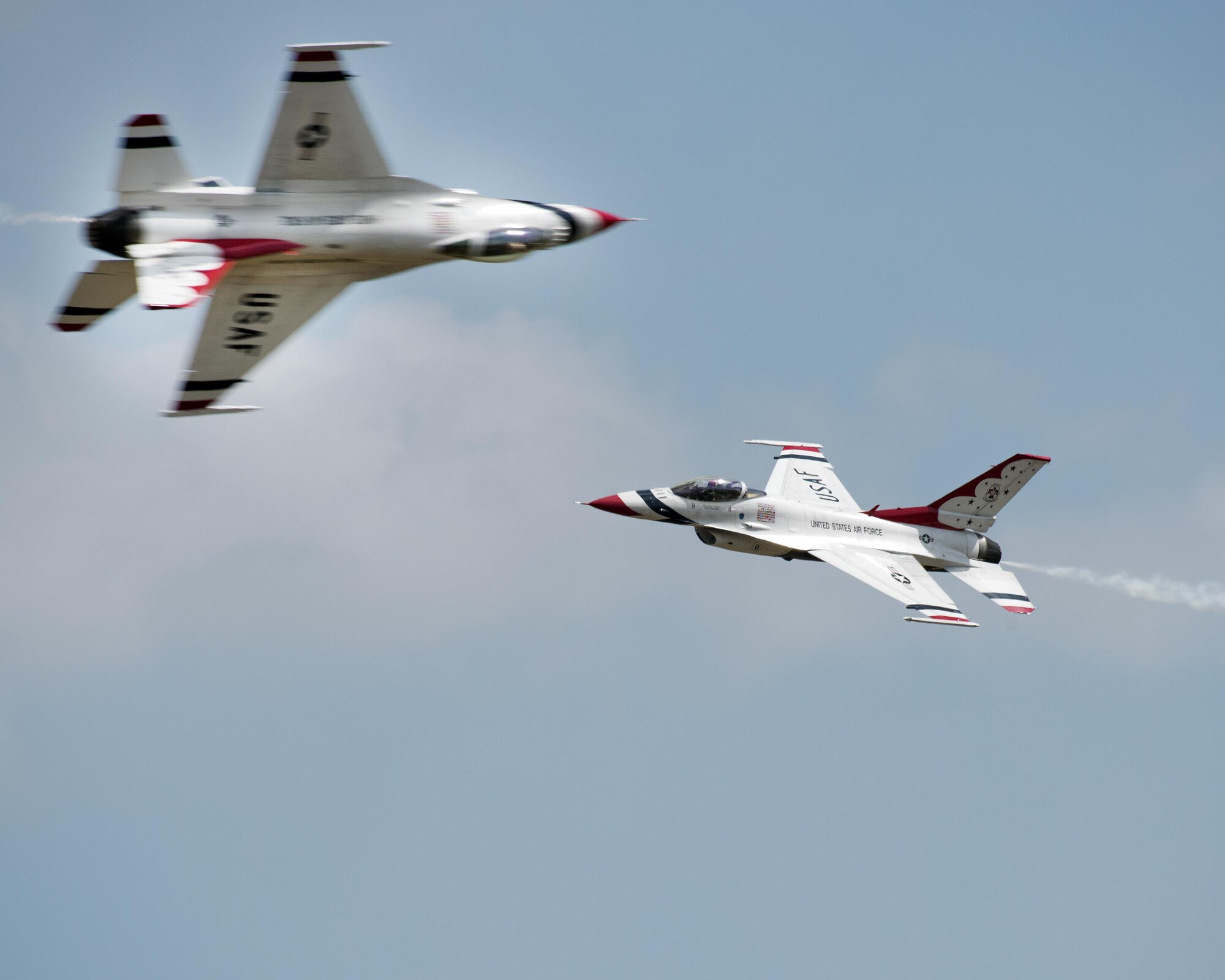 The U.S. Air Force Thunderbirds perform an aerial demonstration during the Wings over Solano Air Show at Travis Air Force Base, Calif., May 6, 2017. The two-day event also featured performances by the U.S. Army Golden Knights parachute team, flyovers and static displays. (U.S. Air Force photo by Louis Briscese)