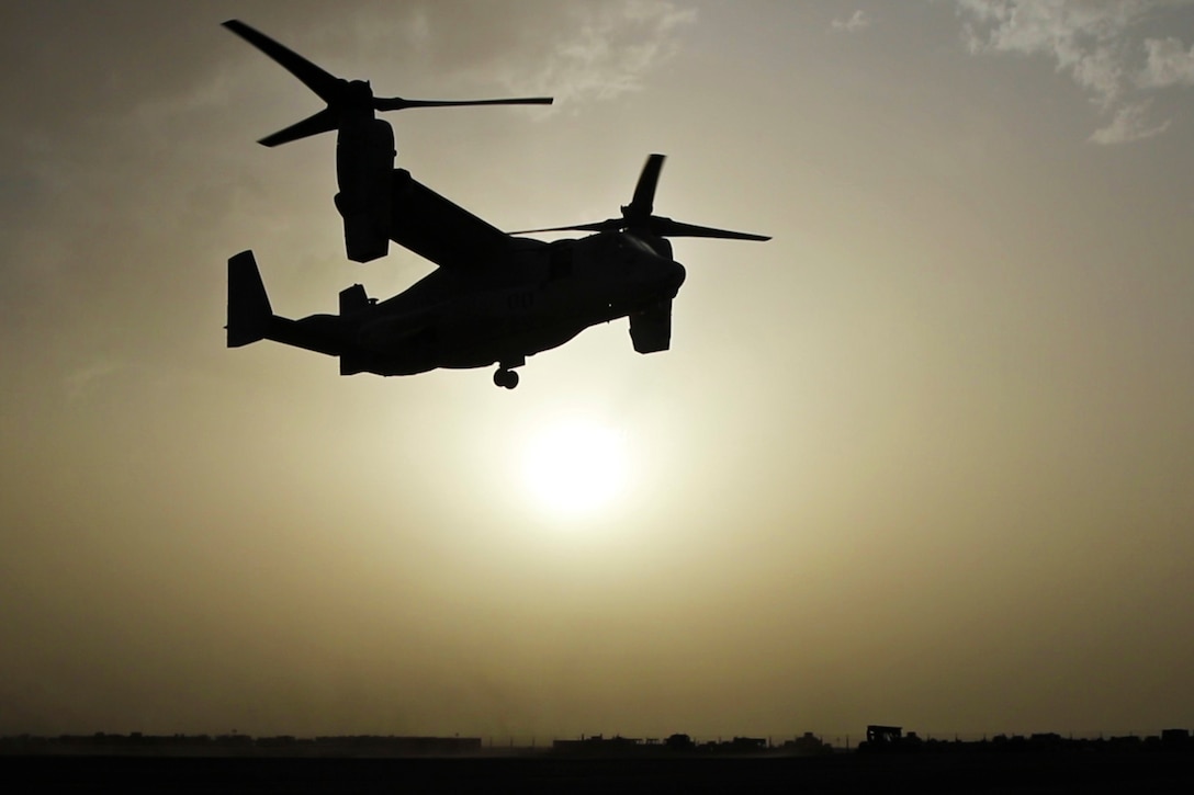 A U.S. Marine Corps MV-22, with Marine Medium Tiltrotor Squadron - 364 (VMM-364), takes off after a joint training exercise with U.S. Army combat medics, with the 86th Combat Support Hospital, at Camp Arifjan, Kuwait, May 8, 2017. (U.S. Army photo by Staff Sgt. Dalton Smith)