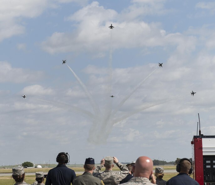 The U.S. Air Force Thunderbirds perform an aerial demonstration during the Wings over Solano Air Show at Travis Air Force Base, Calif., May 6, 2017. The two-day event also featured performances by the U.S. Army Golden Knights parachute team, flyovers and static displays. (U.S. Air Force photo by Heide Couch)