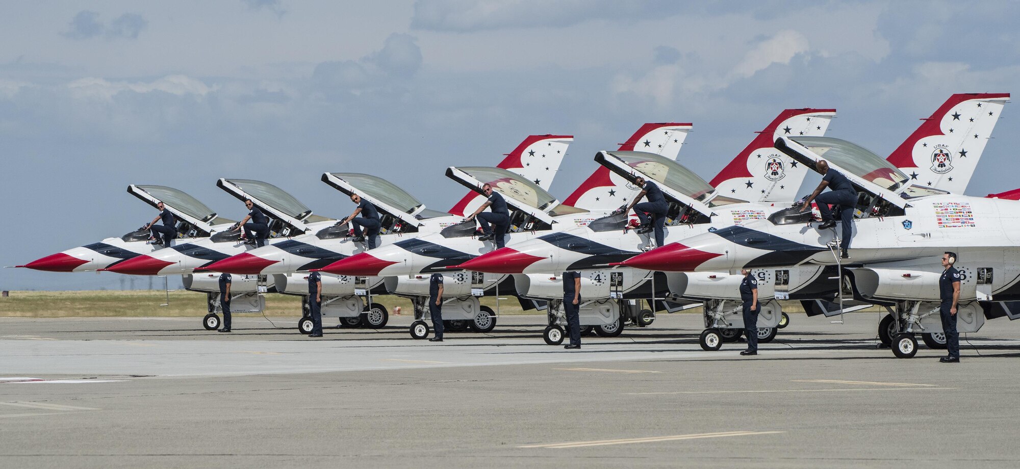The United States Air Force Thunderbirds F-16 Fighting Falcons wait to perform at the Wings over Solano Air Show at Travis Air Force Base, Calif., May 6, 2017. The two-day event featured performances by the Thunderbirds, U.S. Army Golden Knights parachute team, flyovers and static displays. (U.S. Air Force photo by Heide Couch)