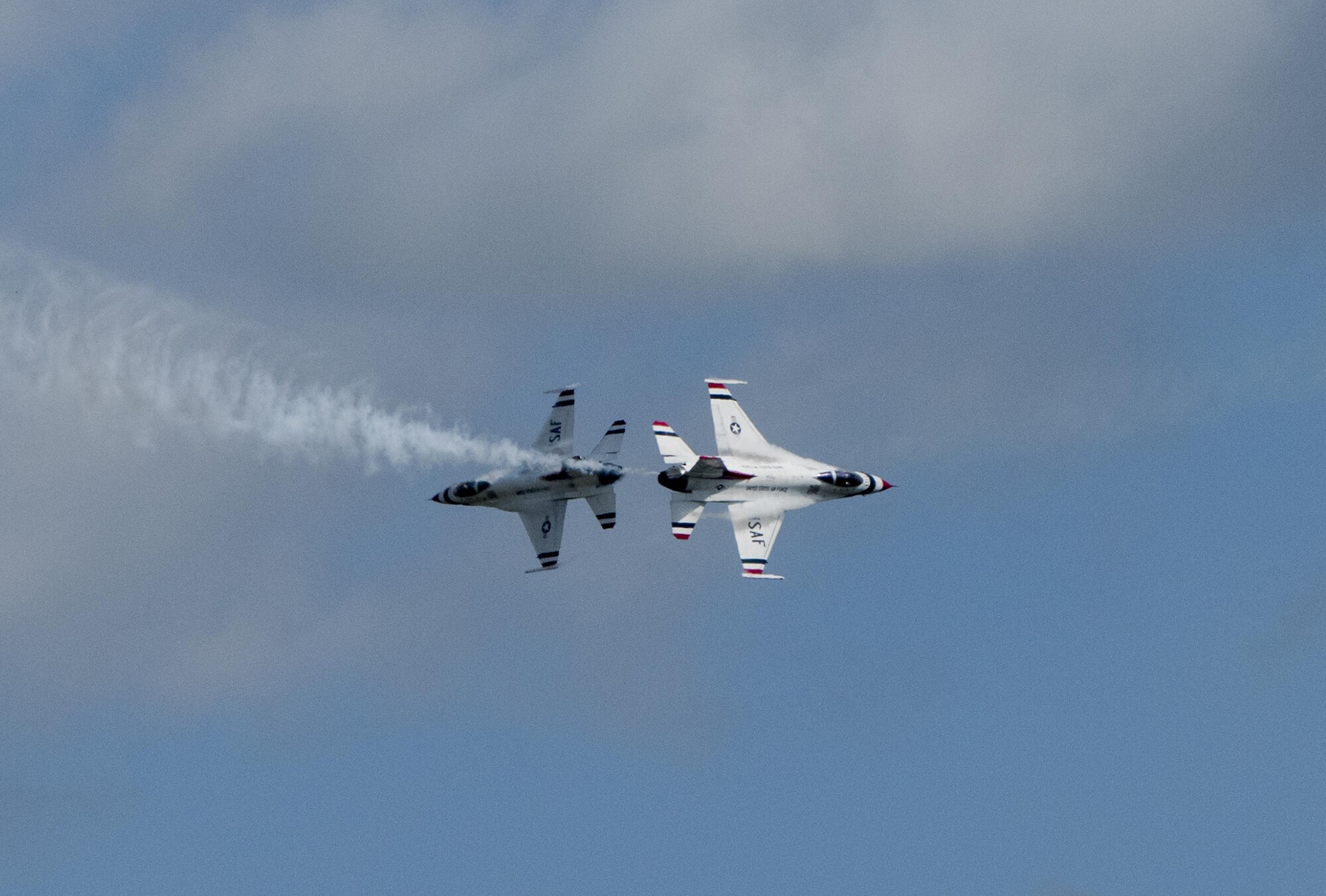 The U.S. Air Force Thunderbirds perform an aerial demonstration during the Wings over Solano Air Show at Travis Air Force Base, Calif., May 6, 2017. The two-day event also featured performances by the U.S. Army Golden Knights parachute team, flyovers and static displays. (U.S. Air Force photo by Heide Couch)