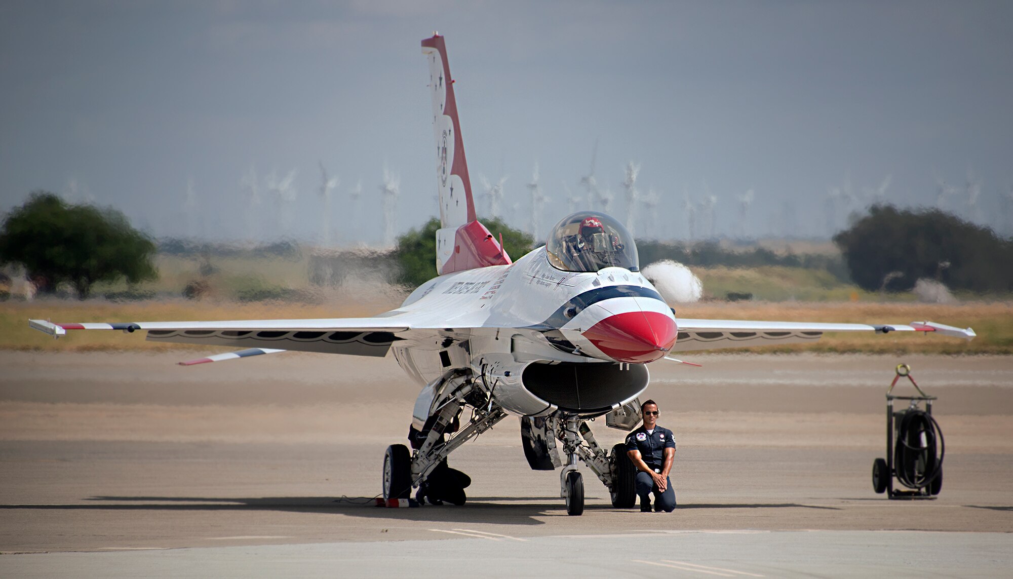 A U.S. Air Force Thunderbirds Aerial Demonstration Team F-16 Fighting Falcon waits to fly at in the Wings Over Solano Air Show at Travis Air Force Base, Calif., May 6, 2017. The two day event featured performances by the Thunderbirds, the U.S. Air Force Academy Wings of Blue and U.S. Army Golden Knights parachute teams, as well as civilian acts. (U.S. Air Force  photo/T.C. Perkins Jr.)