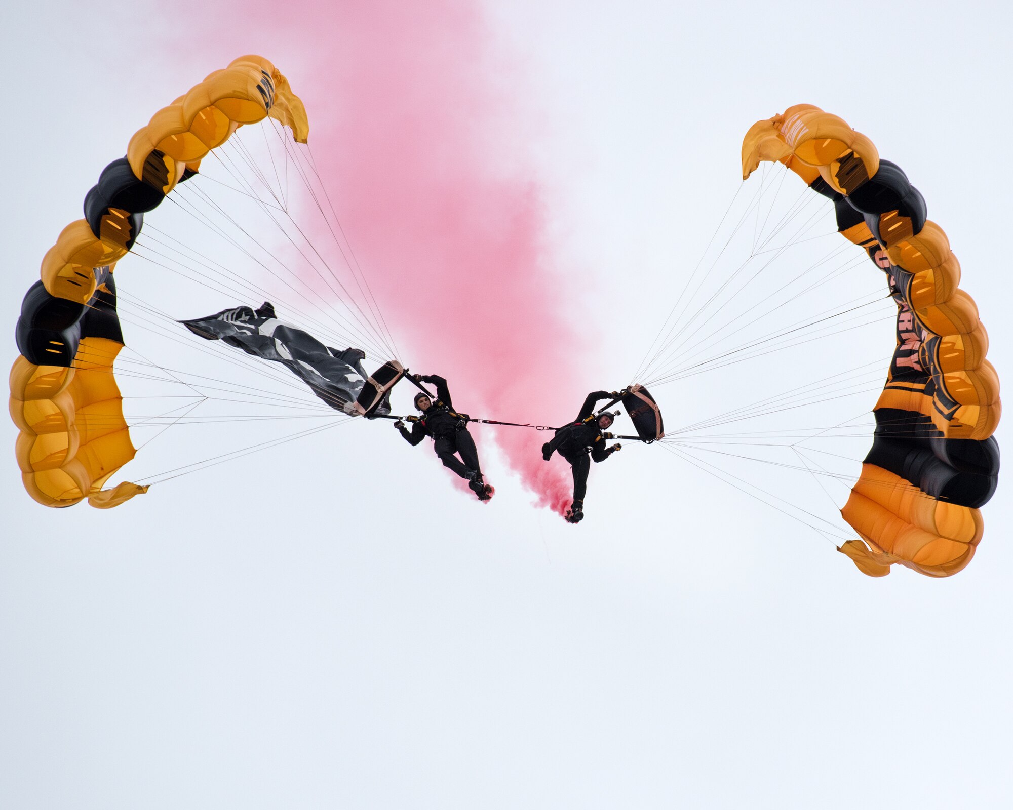 Members of the U.S. Army Golden Knights parachute team perform skydiving maneuvers during the Wings Over Solano Air Show at Travis Air Force Base, Calif., May 6, 2017. The two-day event featured performances by the U.S. Air Force Thunderbirds aerial demonstration team, flyovers and static displays. (U.S. Air Force photo by Louis Briscese)