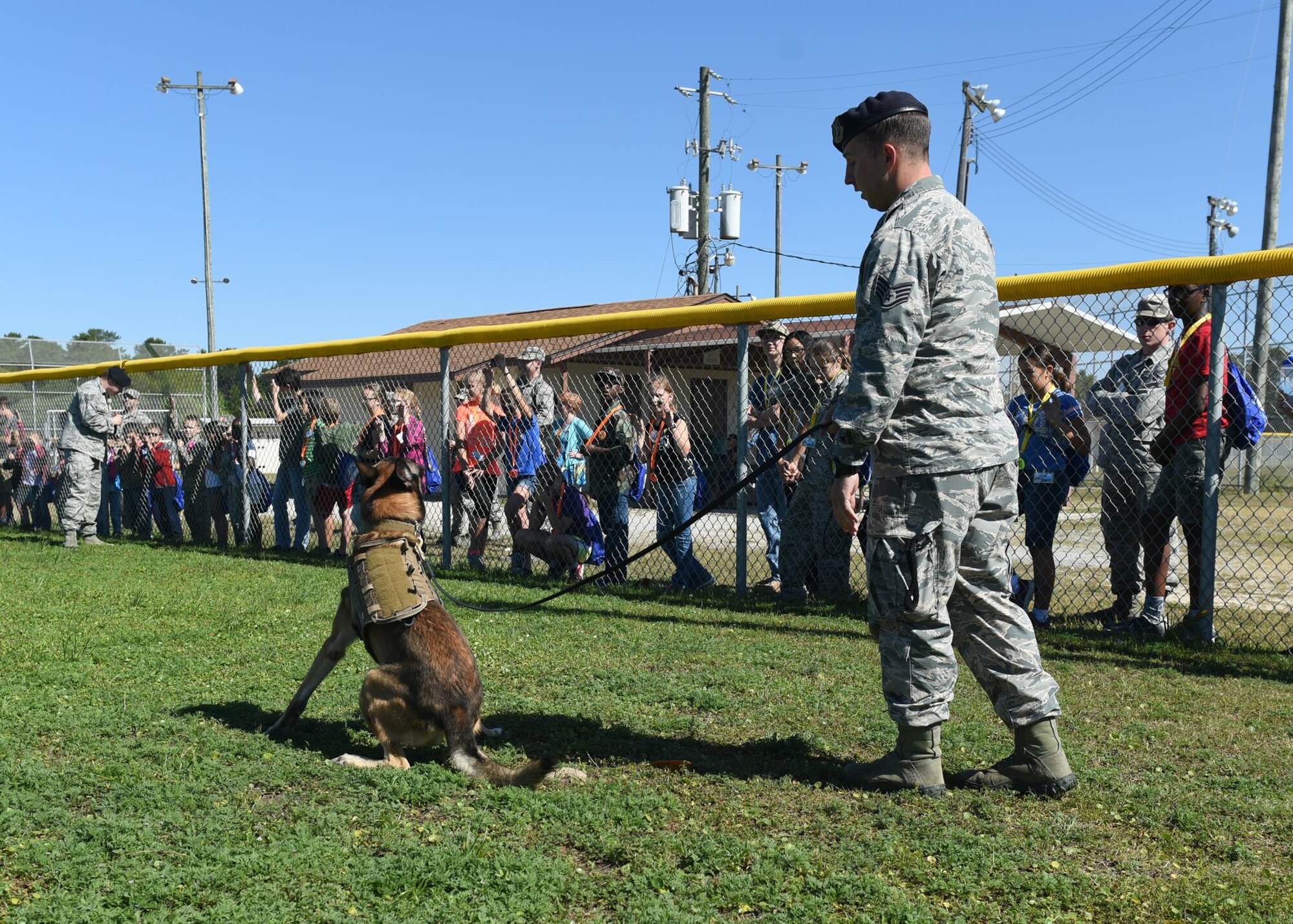 The 325th Security Forces Squadron performed a Military Working Dog demonstration for the Jr. Raptor event at the Youth Center baseball field on Tyndall Air Force Base, Fla., May 6, 2017. More than 20 volunteers painted faces, participated in physical exercise training and set up different activities to help make the Jr. Raptor event a success. (U.S. Air Force photo by Senior Airman Sergio A. Gamboa/ Released)