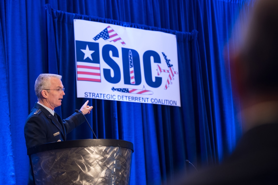 Air Force Gen. Paul J. Selva, vice chairman of the Joint Chiefs of Staff, delivers a keynote speech during the Strategic Deterrent Coalition Symposium 2017 in Arlington, Va., May 9, 2017. The SDC is a nonprofit, nonpartisan community-based organization formed to support the Nuclear Triad. DoD photo by Army Sgt. James K. McCann