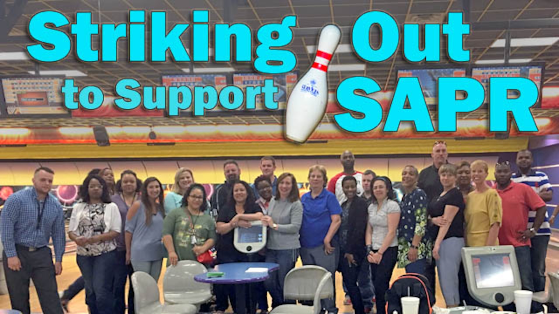 During a month-long series of team-building events, Defense Contract Management Agency Huntsville recently used signatures, teal T-shirts, jean jackets and bowling pins to raise awareness of sexual assault prevention. (DCMA graphic by Thomas Perry)