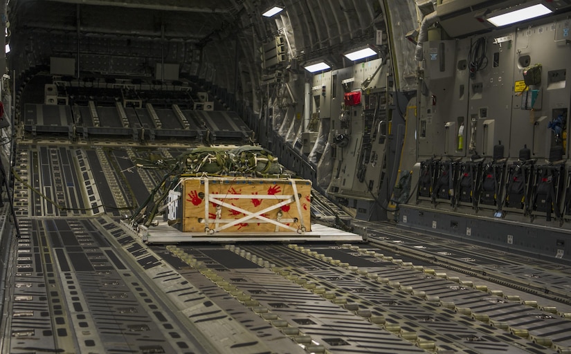 A box sits in the cargo bay of a C-17 Globemaster III before a training exercise at Joint Base Charleston, S.C., May 5, 2017. Airmen of the 14th Airlift Squadron dropped the cargo box above a landing zone during the exercise.
