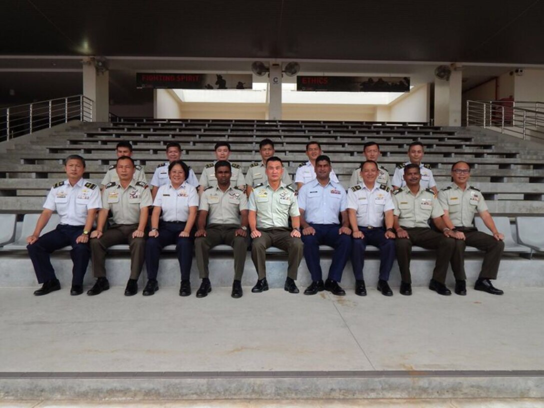 U.S. Air Force Master Sgt. Lallchan Seunarine, the 354th Medical Operations Squadron public health flight chief, poses for a photo with his Singapore Enlisted Officer Training Course syndicate. Seunarine said he couldn’t pinpoint just one favorite experience, but that the people he interacted with were his favorite memory. (Courtesy Photo)